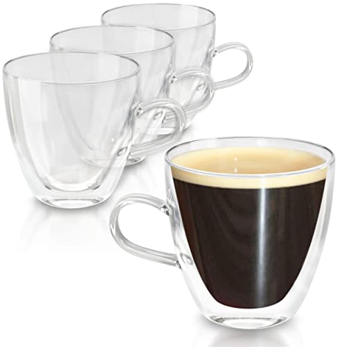 4 Tazas de Cristal para Espresso con Asa - De Doble Pared - Mantienen el Café Caliente - Para Lavavajillas y Microondas