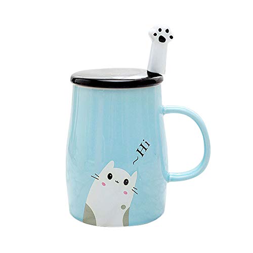 Taza Linda del Gato Taza de café de cerámica con Cuchara de Acero Inoxidable para Gatitos, Hola ~ Taza de café de la Novedad Regalo para los Amantes del Gato Rosado (Azul)