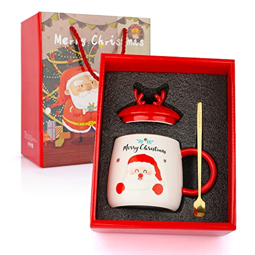 Tazas de Navidad Taza, Taza de cerámica de Papá Noel con Tapa Cuchara Taza de té Taza de Leche Paquete de regalo Taza de porcelana festiva decorada con temática navideña, 420ml