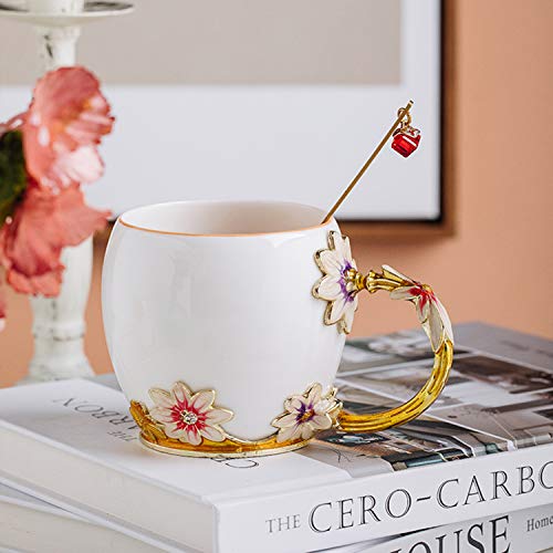 YIUN flor taza de té, Taza de café, esmalte Artesanía taza de cerámica, taza, taza del esmalte con la cuchara, taza del recorrido con la manija Hermosa flor, crisantemo, 320ml.