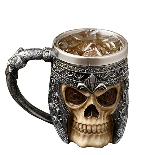 auvstar Taza del cráneo del Acero Inoxidable 3D, Medieval Viking Warrior Skull Armor Drinking Mug,Taza de Drinkware para el café/Jarra de Cerveza/Bebida/Jugo Decoración de Halloween, Party Trick Cup