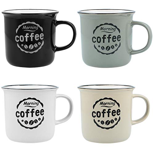COM-FOUR® 4x Vintage Coffee Mug"Morning Coffee" - Taza de café de cerámica para el hogar y la oficina - Tazas vintage para el desayuno, 380 ml (04 piezas - beige/gris/negro/blanco)