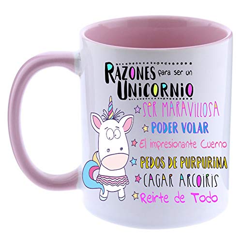FUNNY CUP Taza Unicornio Color. Razones para ser un Unicornio. Divertidos Motivos para lucir Entre Amigas (Rosa)