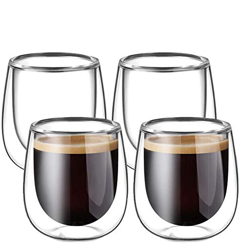 Glastal 120ml*4 Tazas de Café de Cristal,Vasos de Espresso de Doble Pared Transparente,Tazas de Vidrio Borosilicato para Té,Café
