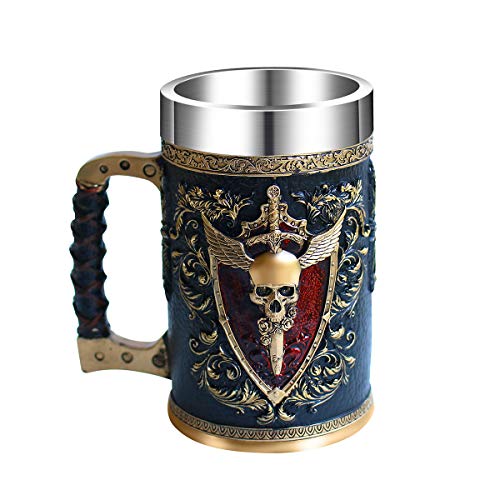 OTARTU Taza de café Viking Warrior Skull con forro de acero inoxidable, taza de café medieval de 500 ml, regalo único