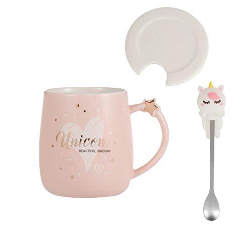 Taza de café de cerámica con forma de corazón rosa con cuchara de unicornio 3D, taza de té con leche para el día de San Valentín para mujeres y niñas, 380 ml