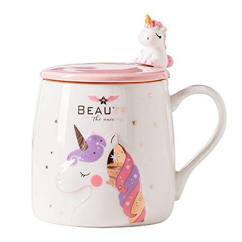 Taza Unicornio Taza de café de cerámica linda con una encantadora cuchara de unicornio, Copa de la mañana Café Novedad Té Leche Taza de navidad Regalo para niñas Amantes del unicornio 380ML (Rosado)