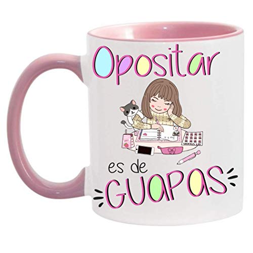 FUNNY CUP Taza Opositar es de Guapas. Taza para oposiciones de Chicas guapas. Regalo Divertido (Rosa)
