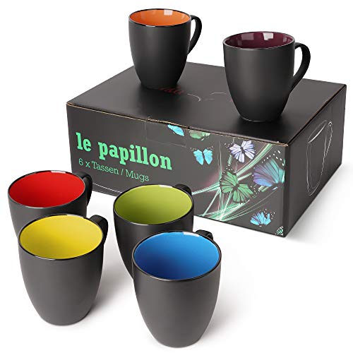 MIAMIO - 6 x 350 ml Juego de Taza de Café/Copa de desayuno exterior negro interior de color - Le Papillon Colección (Multicolor)