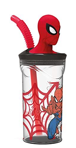 POS 32919 - Vaso para niños con pajita y tapa, transparente, incluye figura 3D en diseño de Spiderman, aprox. 360 ml, sin BPA ni ftalatos (32919088)